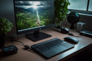 Schreibtisch mit Laptop – Stromversorger Grundtarif